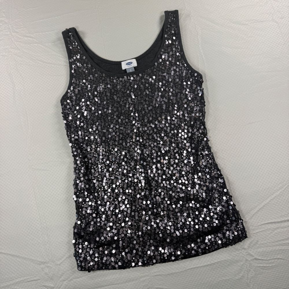 Old Navy Womens Large Dark Charcoal Gray Silver Sequin Front Tank Top Sleeveless